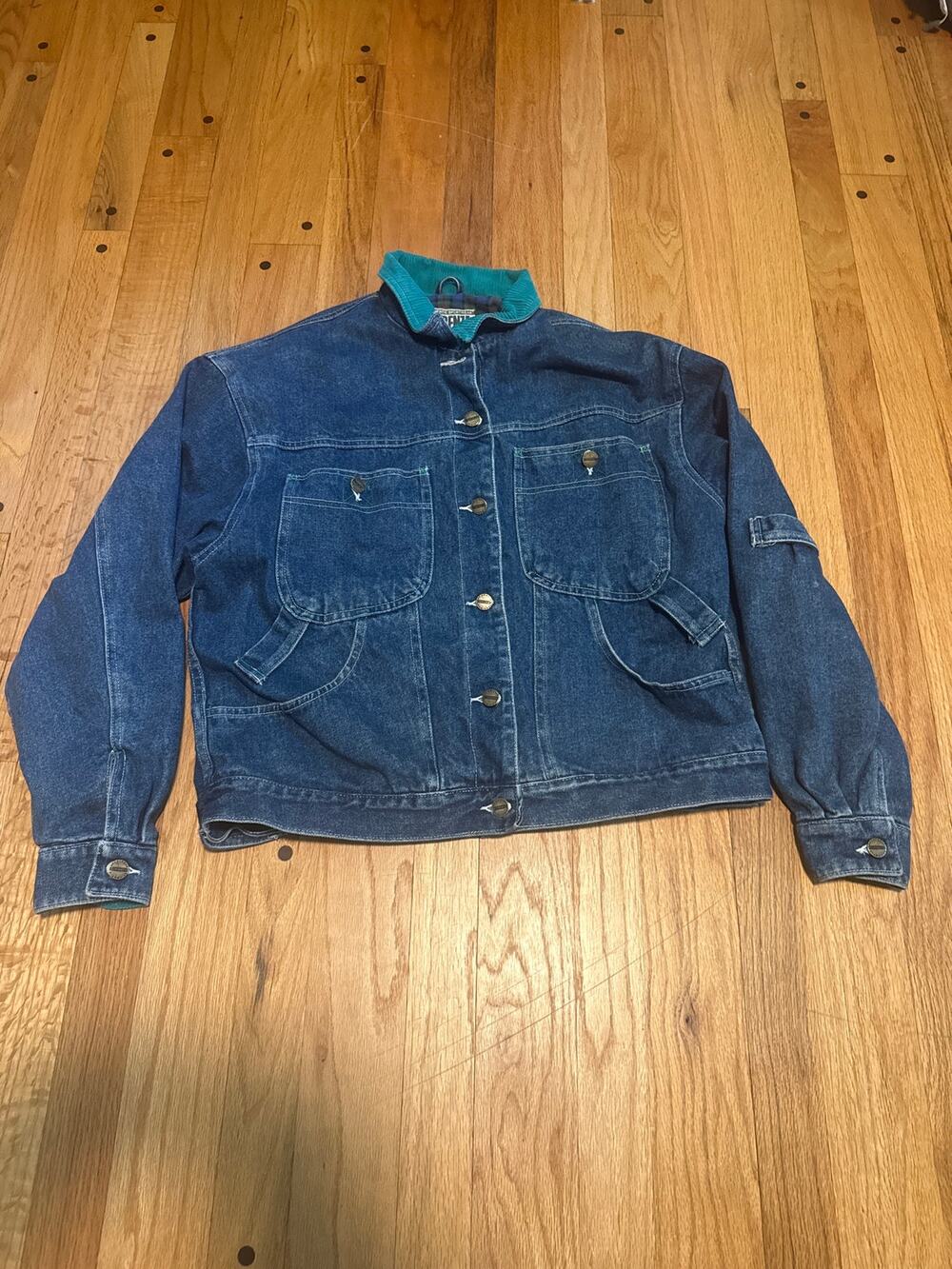 Vintage 80s Forenza Denim Chore Jacket S Teal Corduroy Collar Plaid Lined